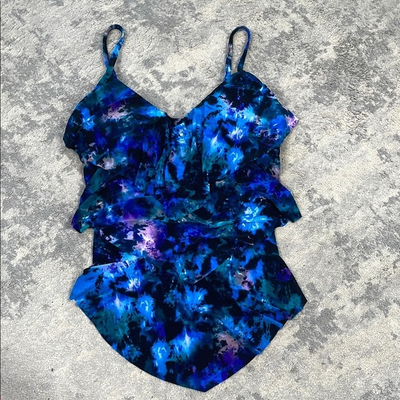 NWT Magicsuit Peace Out Rita Tiered Ruffle Swim Tankini Top Blue Sz 10 - Picture 5 of 9